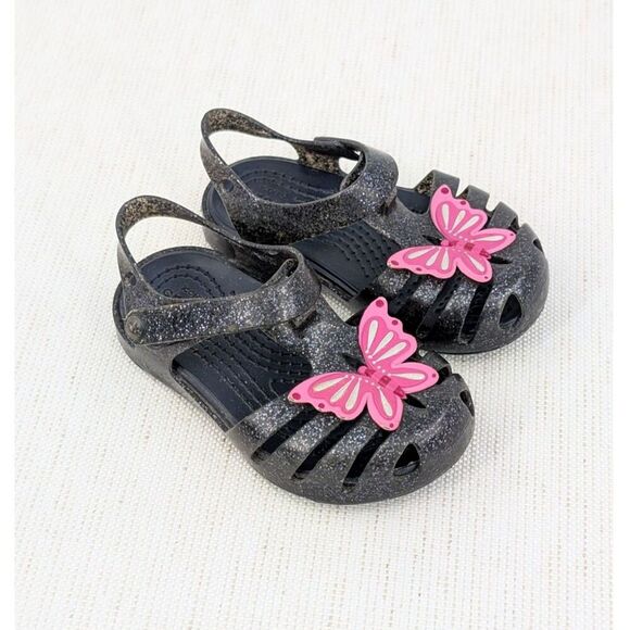 CROCS Other - Crocs Sandals Toddler Girl C 6 Black Glitter Pink Butterfly Mary Jane